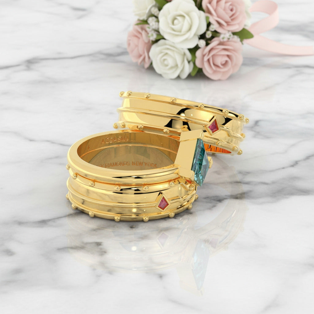 Assassin's Promise Ring Set (Women)- 14k Yellow Gold Video Game Inspired Rings-Black Diamonds New York