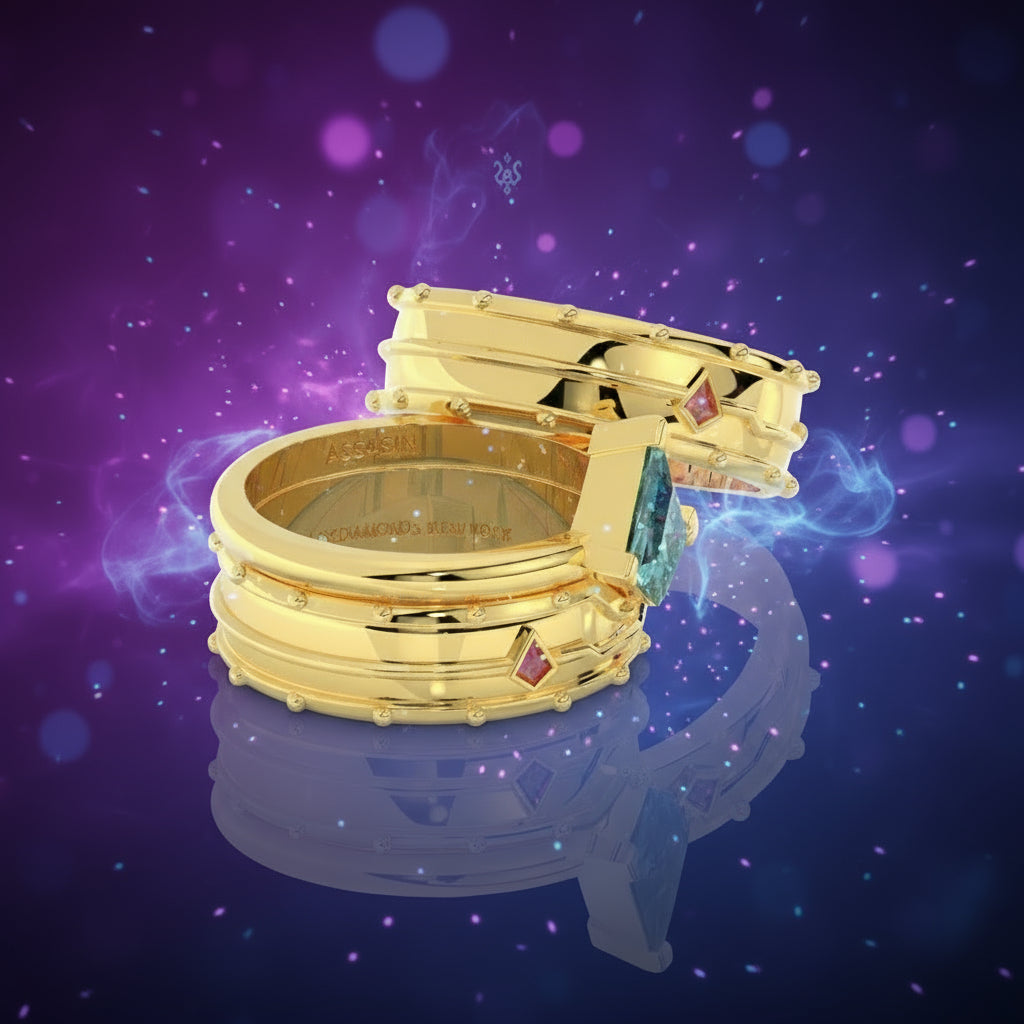 Assasin's Promise Ring Band (Unisex)- 14k Yellow Gold Video Game Inspired Rings-Black Diamonds New York