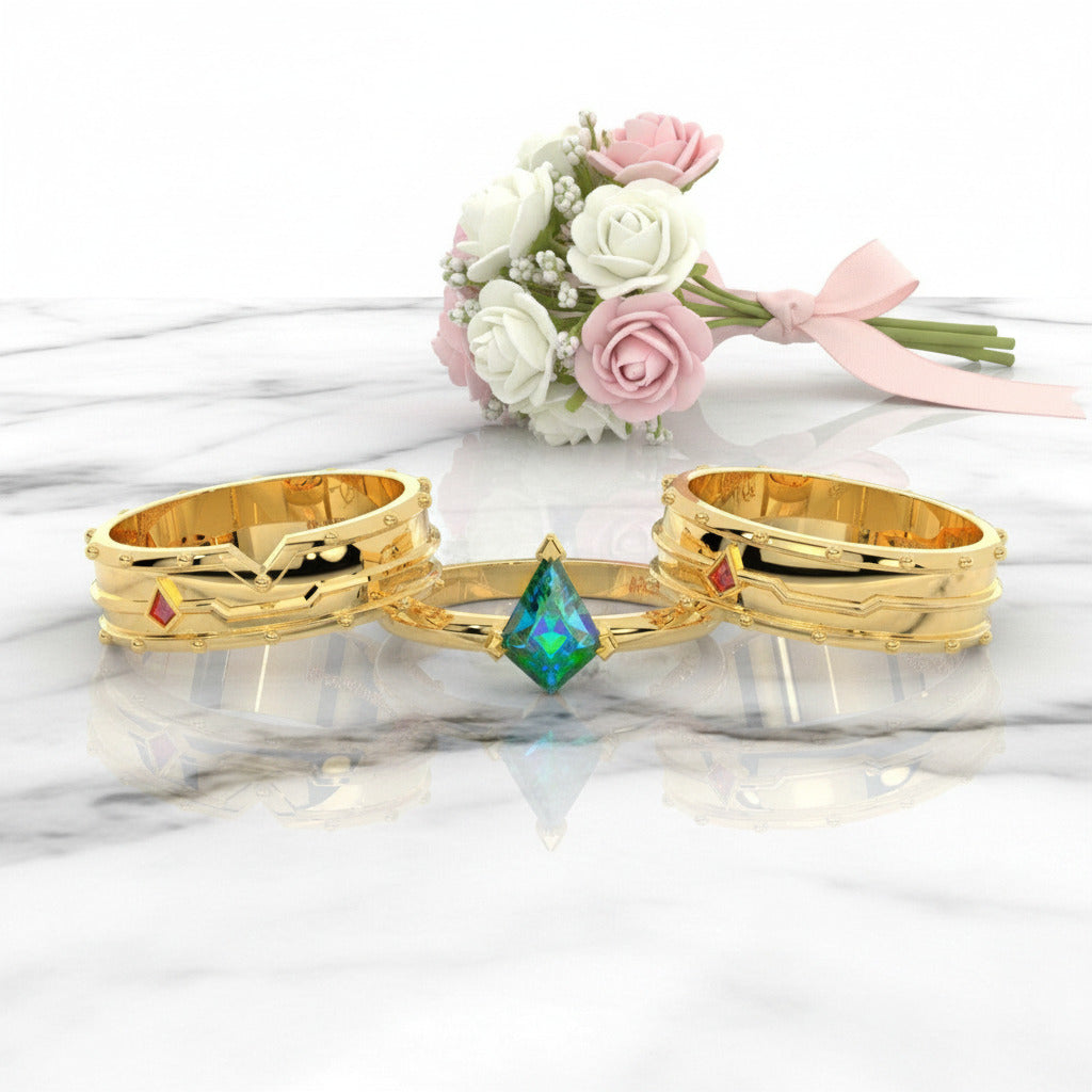 Assassin's Promise Ring Set (Women)- 14k Yellow Gold Video Game Inspired Rings-Black Diamonds New York