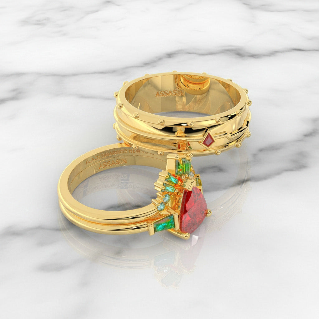 Assasin's Romance Engagement Ring (Women)- 14k Yellow Gold Video Game Inspired Rings-Black Diamonds New York