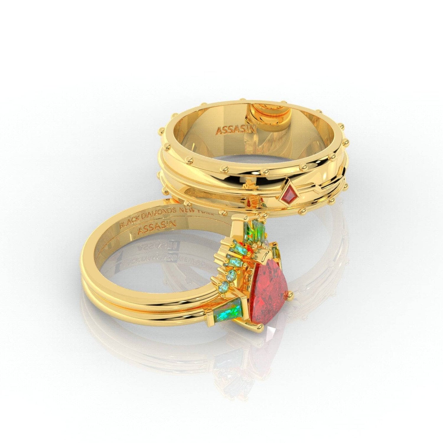 Assasin's Romance Engagement Ring- 14k Yellow Gold Video Game Inspired Rings-Black Diamonds New York