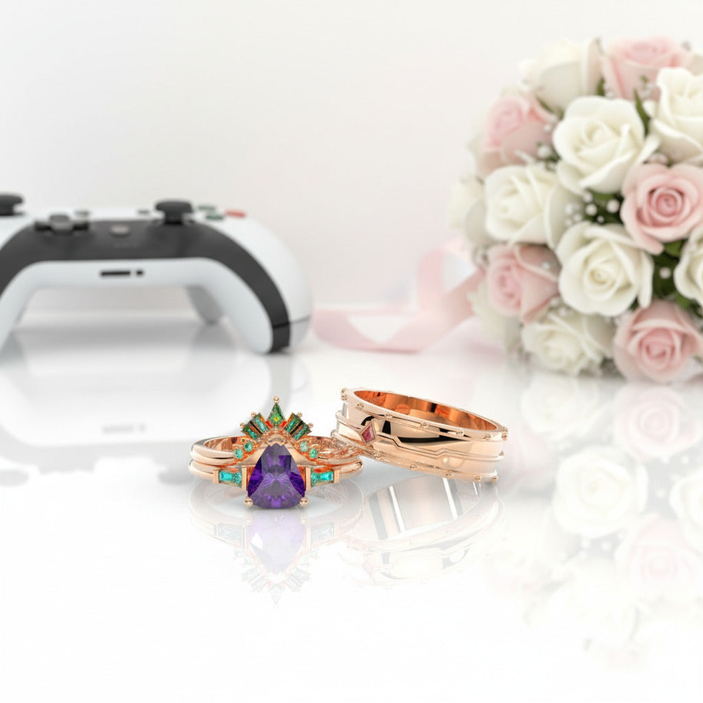 Assasin's Romance Engagement Ring (Women)- 14k Yellow Gold Video Game Inspired Rings-Black Diamonds New York