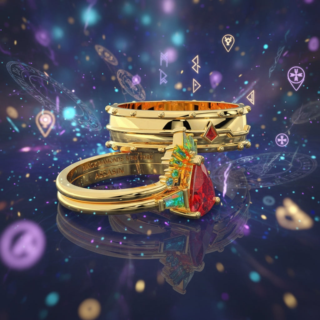 Assasin's Romance Engagement Ring- 14k Yellow Gold Video Game Inspired Rings-Black Diamonds New York