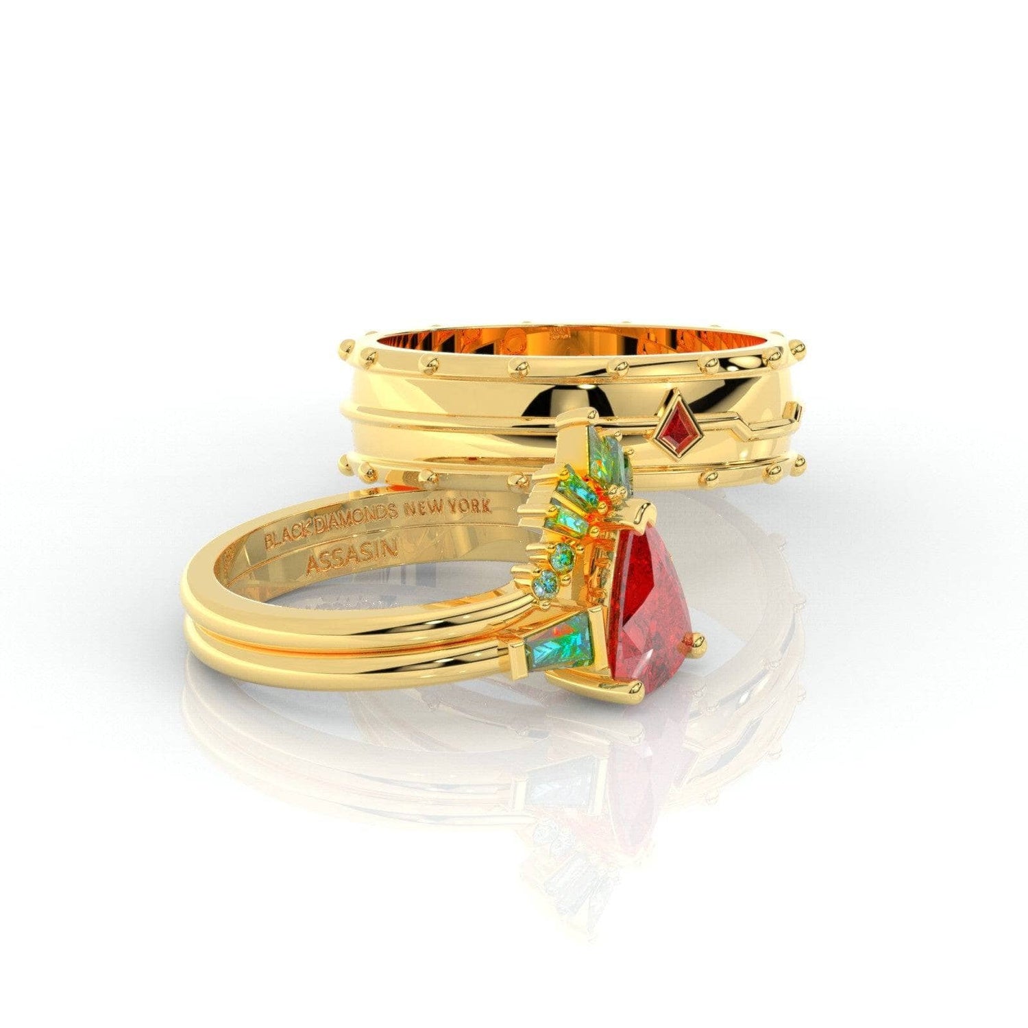 Assasin's Romance Engagement Ring- 14k Yellow Gold Video Game Inspired Rings-Black Diamonds New York
