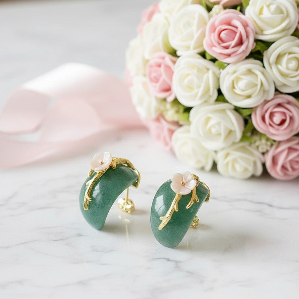 Aventurine Plum Flower Stud Earrings-Black Diamonds New York
