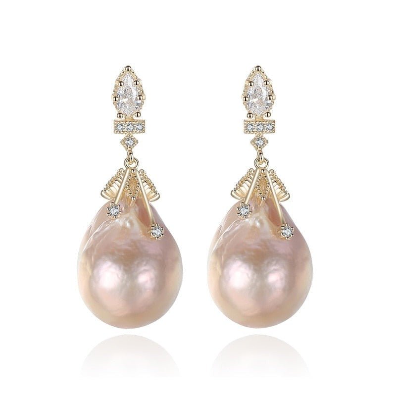 Baroque Oval Shape Natural Freshwater Pearls Stud Earrings-Black Diamonds New York