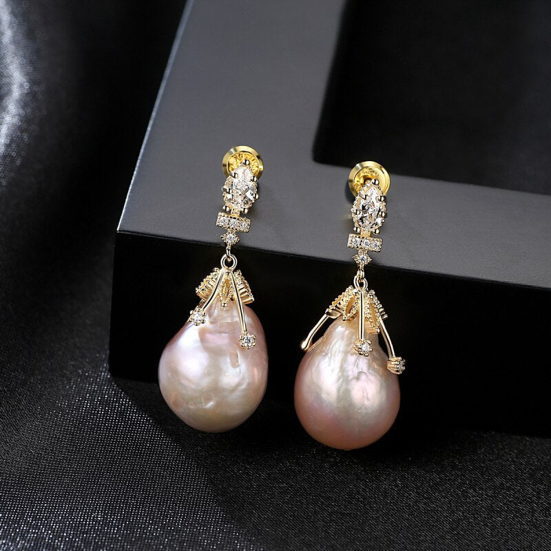 Baroque Oval Shape Natural Freshwater Pearls Stud Earrings-Black Diamonds New York