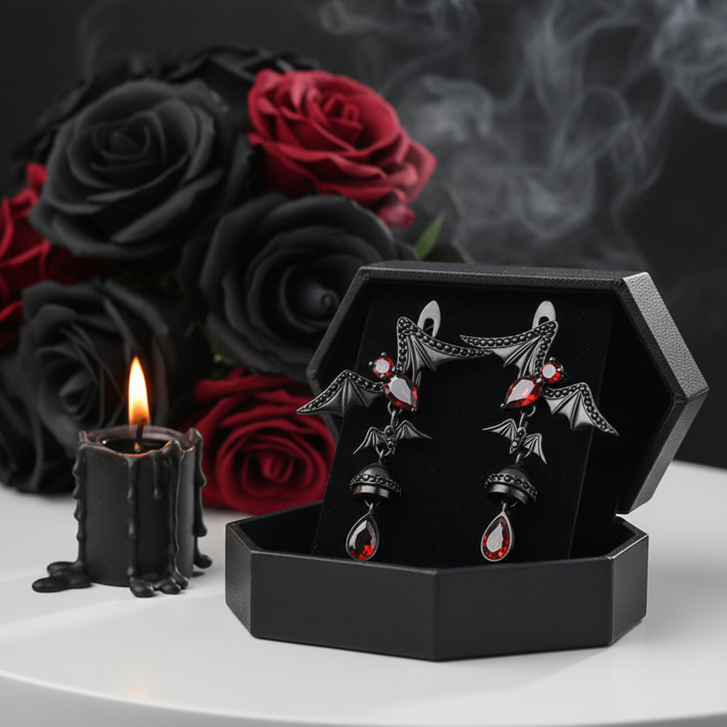 Bat Shaped Natural Garnet Vintage Gothic Punk Earrings-Black Diamonds New York