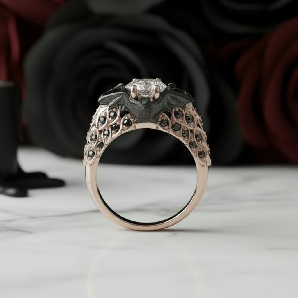 Bat's Kiss Promise Ring- 1.5 Ct Round and Coffin Cut Diamond Gothic Ring-Black Diamonds New York