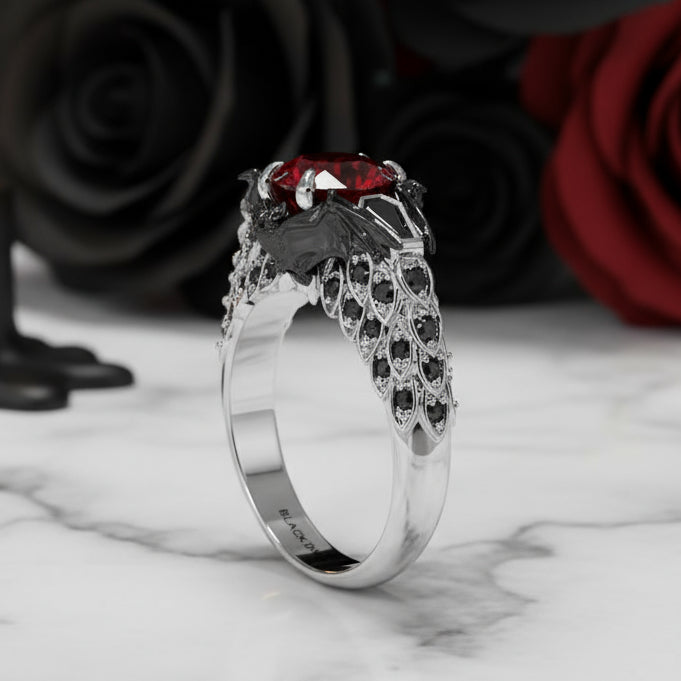 Bat's Kiss Promise Ring- 1.5 Ct Round and Coffin Cut Diamond Gothic Ring-Black Diamonds New York