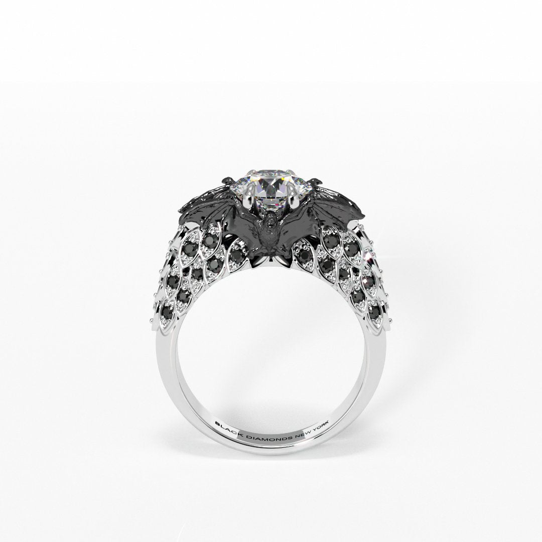 Bat's Kiss Promise Ring- 1.5 ct Round and Coffin Cut Diamond Gothic Ring-Black Diamonds New York