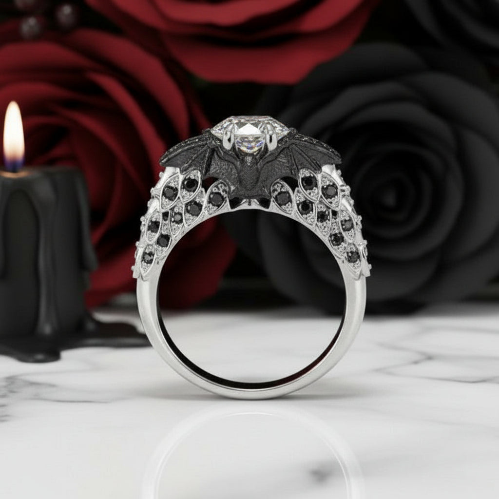 Bat's Kiss Promise Ring- 1.5 Ct Round and Coffin Cut Diamond Gothic Ring-Black Diamonds New York