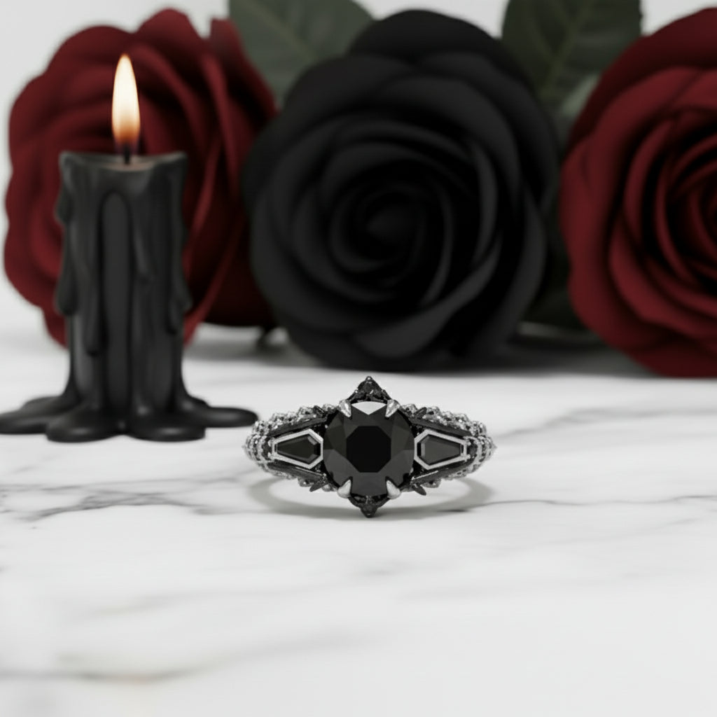 Bat's Kiss Promise Ring- 1.5 Ct Round and Coffin Cut Diamond Gothic Ring-Black Diamonds New York