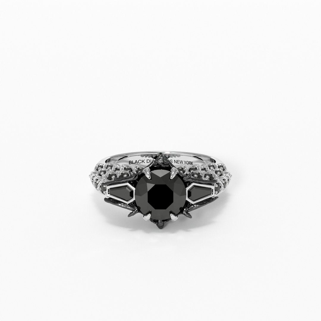 Bat's Kiss Promise Ring- 1.5 ct Round and Coffin Cut Diamond Gothic Ring - Black Diamonds New York