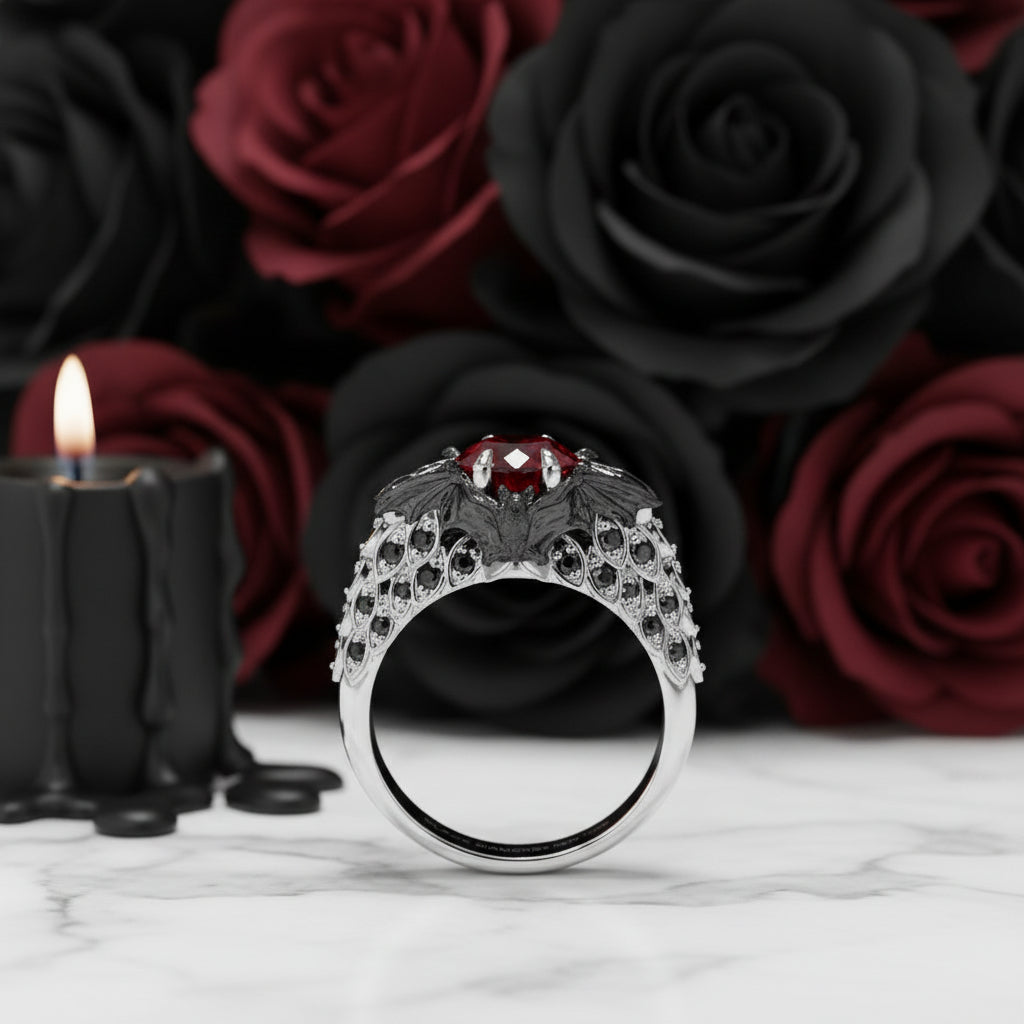 Bat's Kiss Promise Ring- 1.5 Ct Round and Coffin Cut Diamond Gothic Ring-Black Diamonds New York