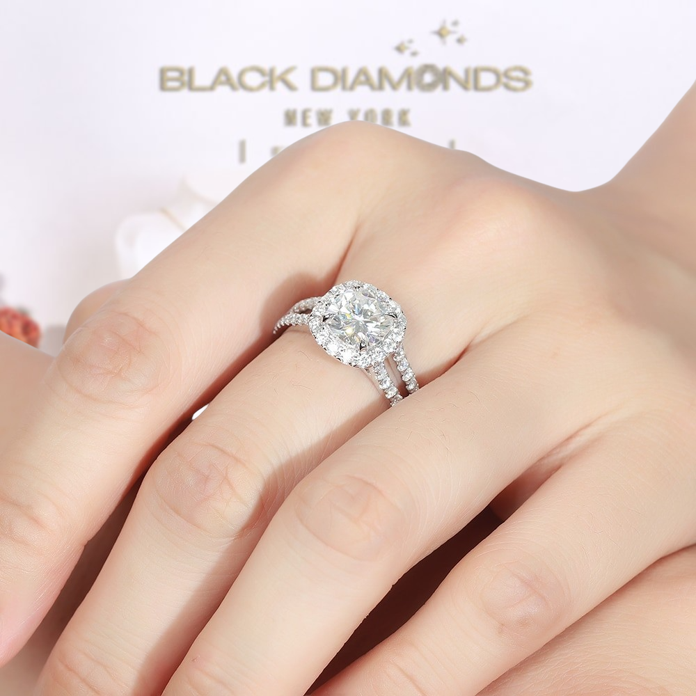 14K White Gold 2ct Cushion Cut Moissanite Split Band Halo Engagement Ring - Black Diamonds New York
