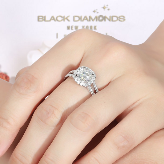 14K White Gold 2ct Cushion Cut Moissanite Split Band Halo Engagement Ring-Black Diamonds New York