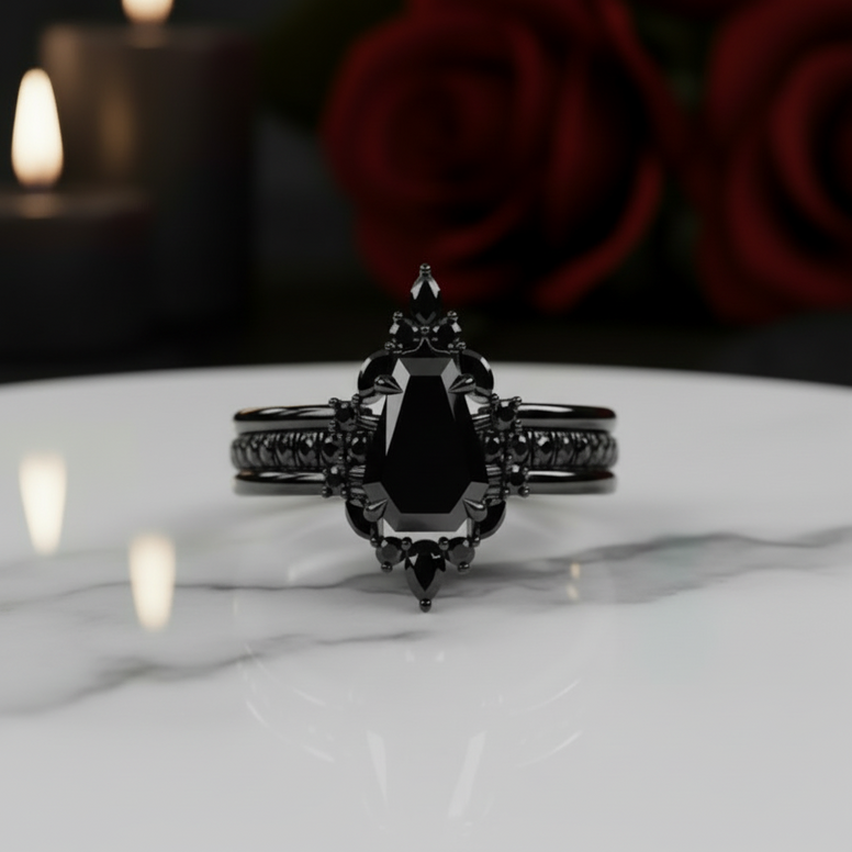 Be Mine Forever- Radiant Coffin Cut Diamond Gothic Wedding Ring-Black Diamonds New York