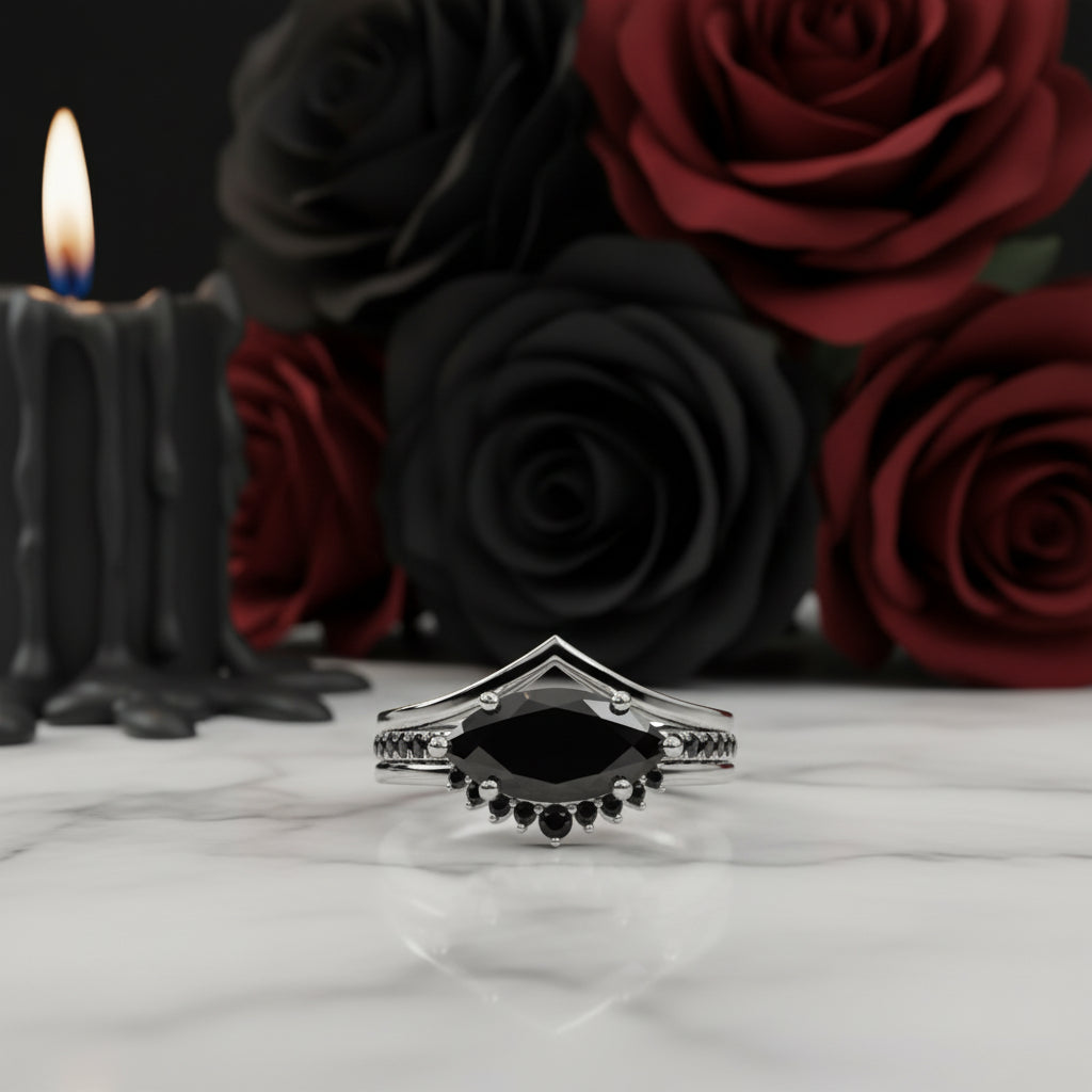 Beautiful In My Eyes- Black Diamond Marquise Cut 14K White Gold Gothic Wedding Ring-Black Diamonds New York