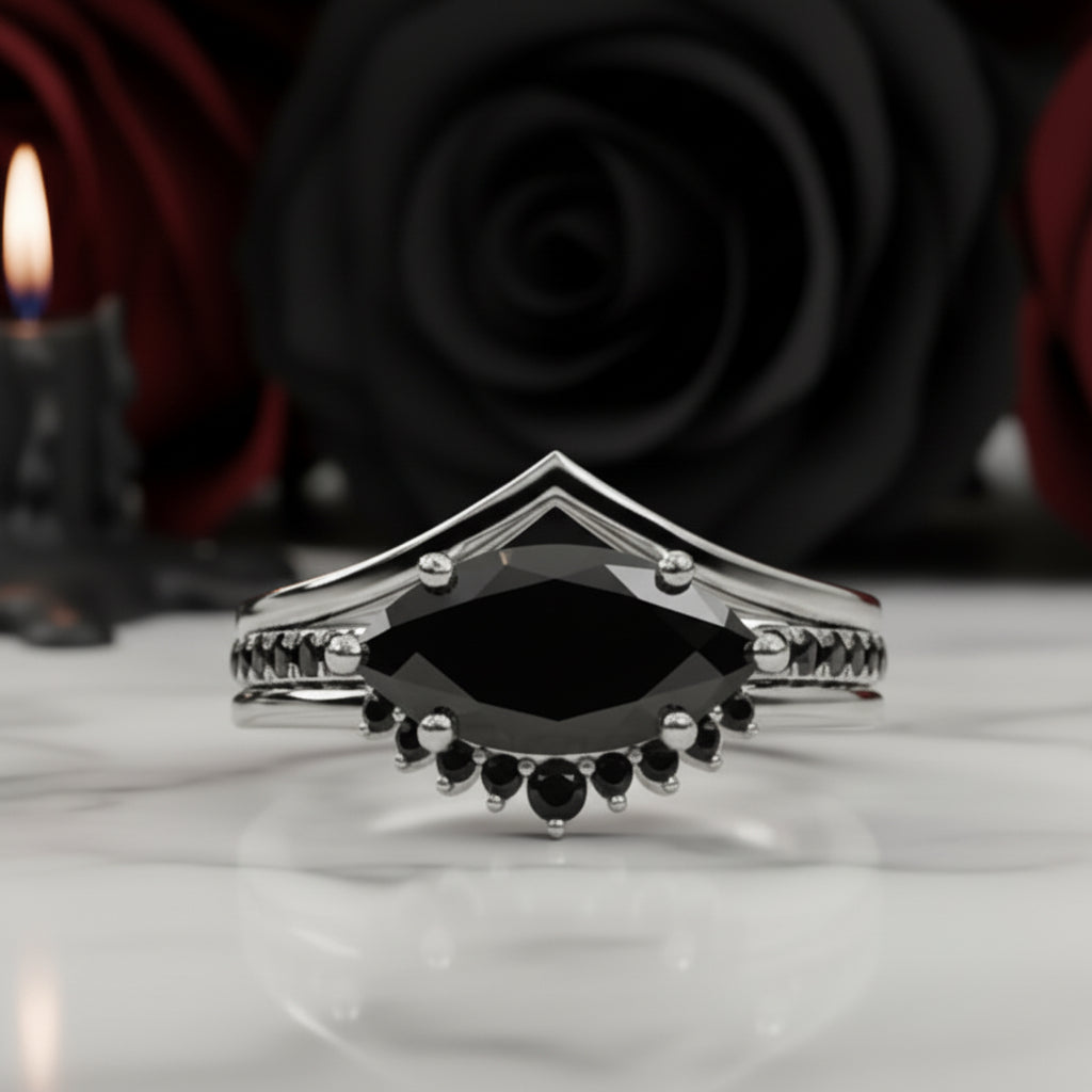Beautiful In My Eyes- Black Diamond Option Marquise Cut 14K White Gold Gothic Wedding Ring-Black Diamonds New York