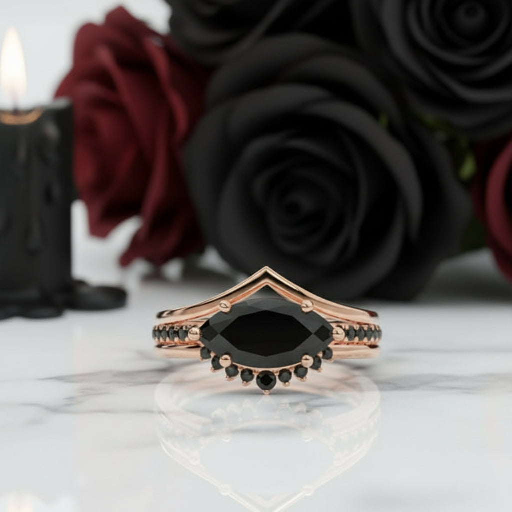 Beautiful In My Eyes- Black Diamond Marquise Cut 14K White Gold Gothic Wedding Ring-Black Diamonds New York