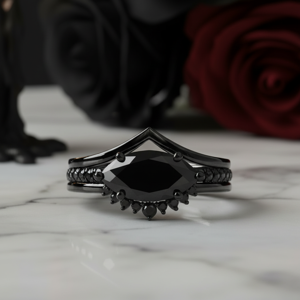 Beautiful In My Eyes- Black Diamond Marquise Cut 14K White Gold Gothic Wedding Ring-Black Diamonds New York