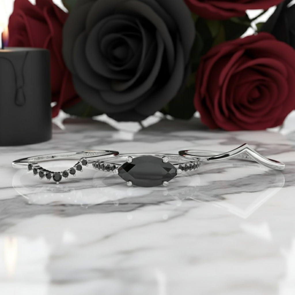 Beautiful In My Eyes- Black Diamond Marquise Cut 14K White Gold Gothic Wedding Ring-Black Diamonds New York