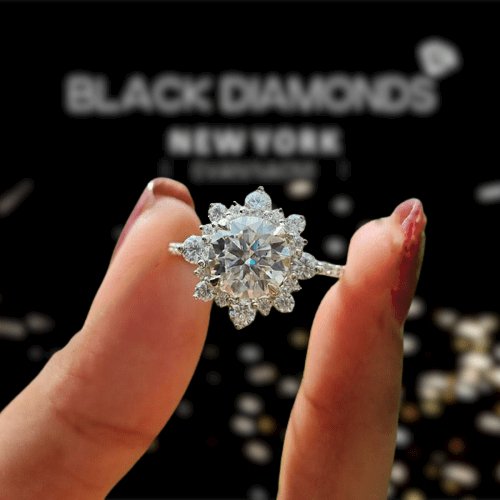 Beautiful Snowflake Design Halo Round Cut Engagement Ring-Black Diamonds New York