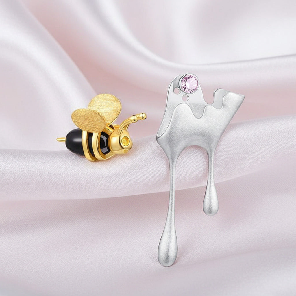 Bee & Dripping Honey Asymmetric Stud Earrings-Black Diamonds New York