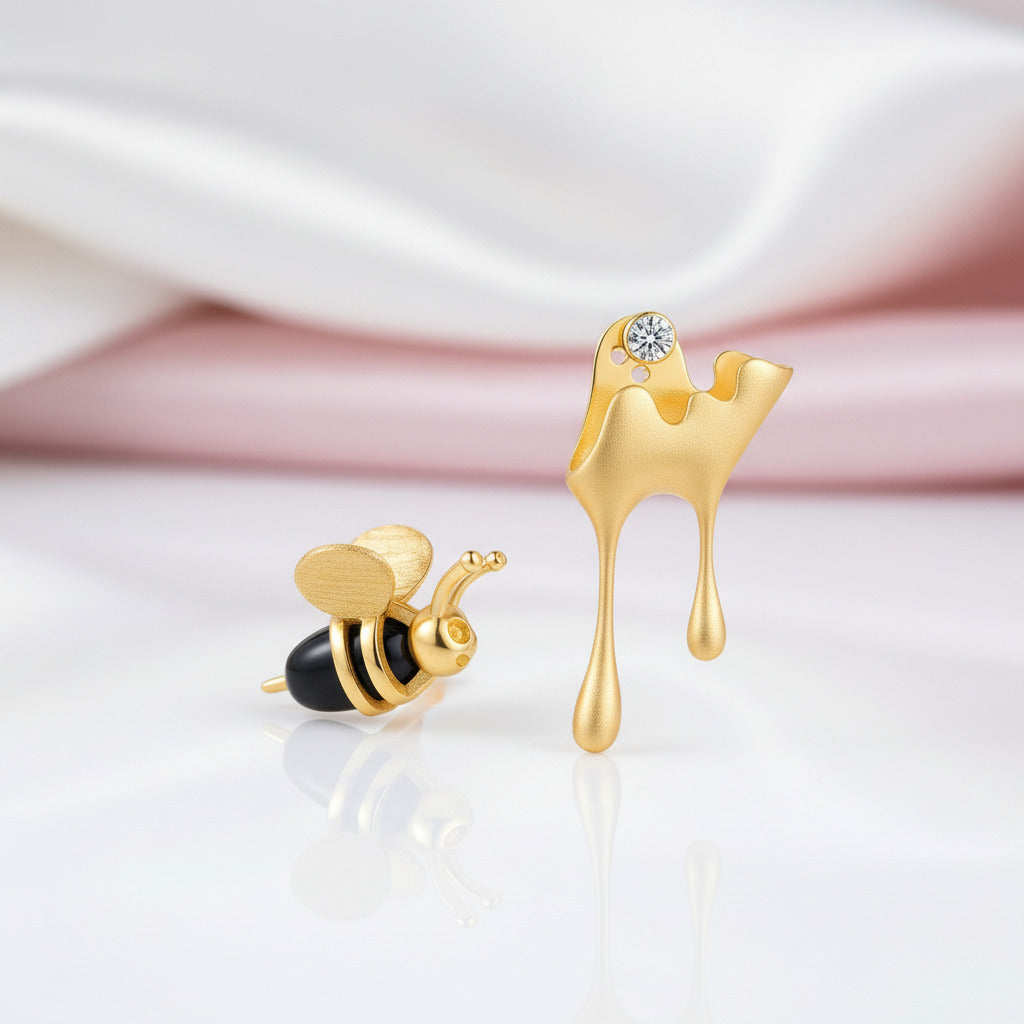 Bee & Dripping Honey Asymmetric Stud Earrings-Black Diamonds New York
