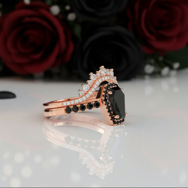 Best Love Rings- Rare Coffin Cut Diamond 14k Gold Gothic Ring Set-Black Diamonds New York