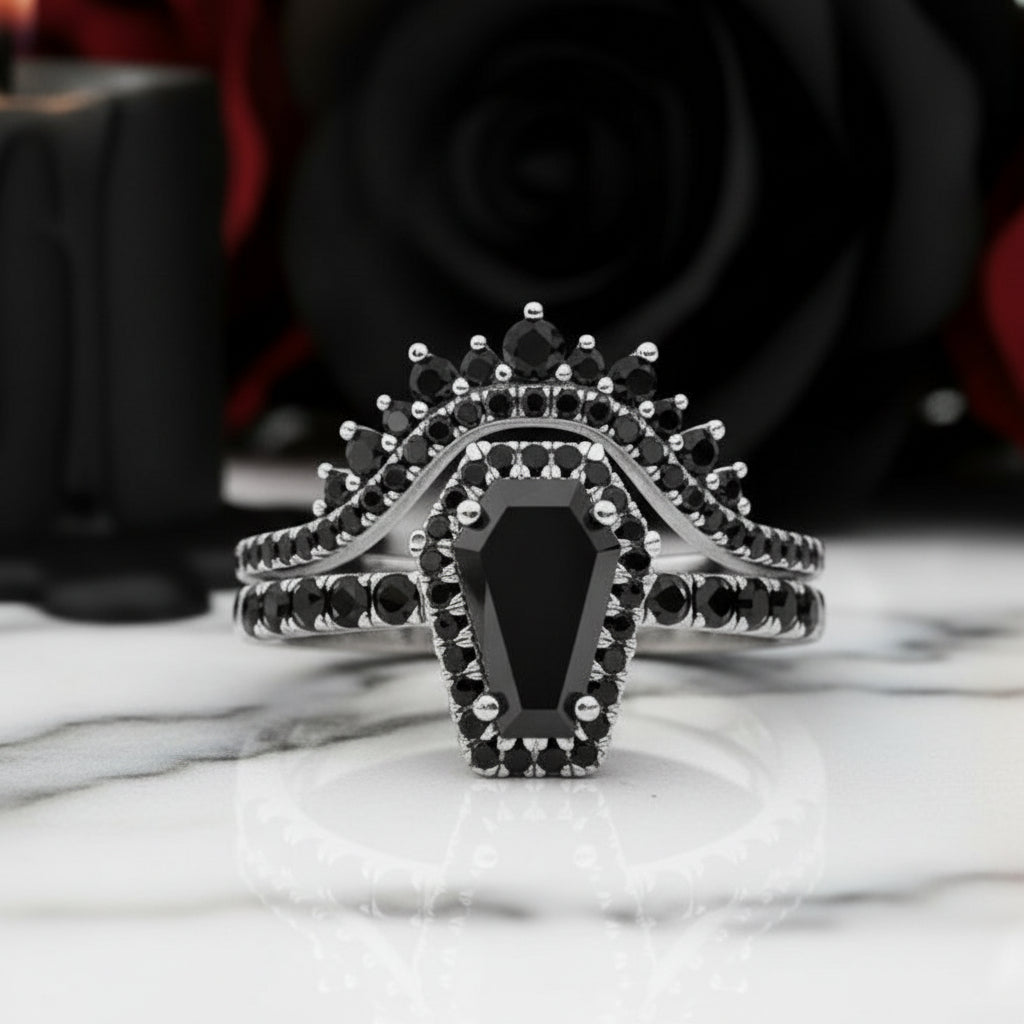 Best Love Rings- Rare Coffin Cut Diamond 14k Gold Gothic Ring Set-Black Diamonds New York