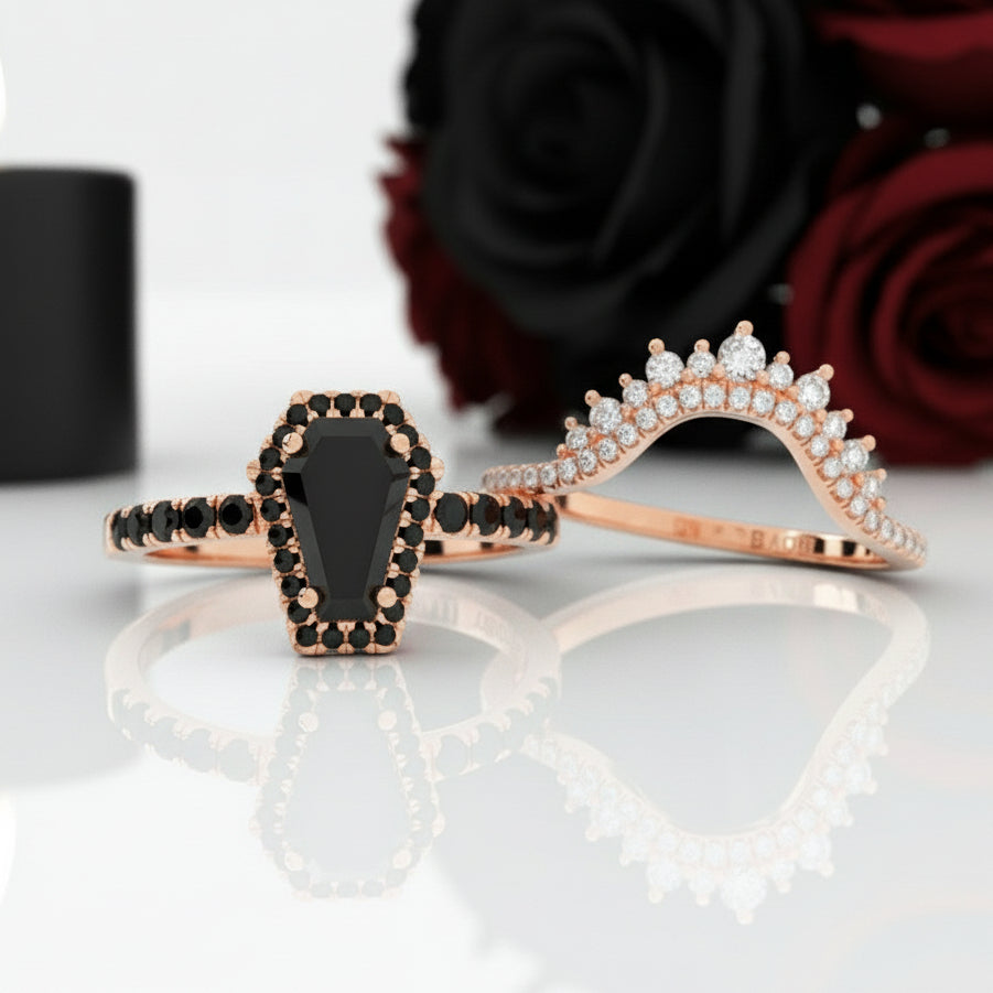 Best Love Rings- Rare Coffin Cut Diamond 14k Gold Gothic Ring Set-Black Diamonds New York