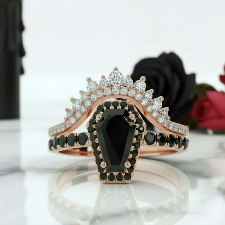 Best Love Rings- Rare Coffin Cut Diamond 14K Gold Gothic Ring Set-Black Diamonds New York