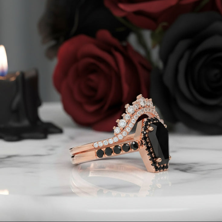 Best Love Rings- Rare Coffin Cut Diamond 14K Gold Gothic Ring Set