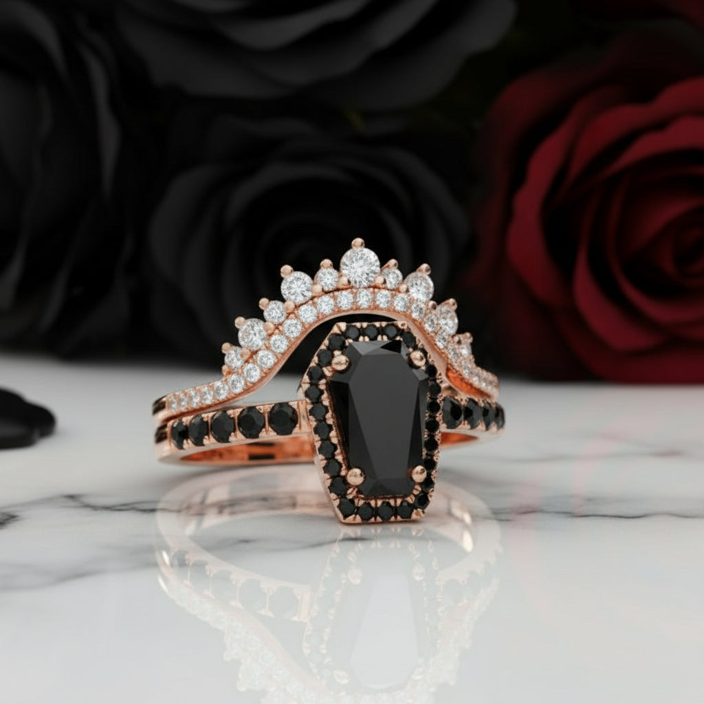 Best Love Rings- Rare Coffin Cut Diamond 14k Gold Gothic Ring Set-Black Diamonds New York