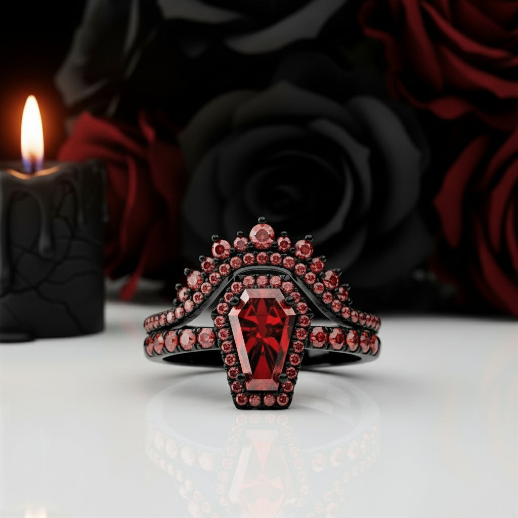 Best Love Rings- Rare Coffin Cut Diamond 14k Gold Gothic Ring Set-Black Diamonds New York