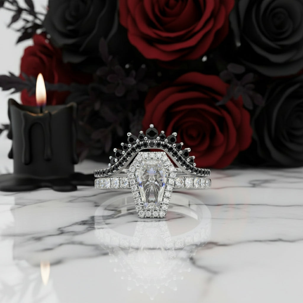 Best Love Rings- Rare Coffin Cut Diamond 14k Gold Gothic Ring Set-Black Diamonds New York