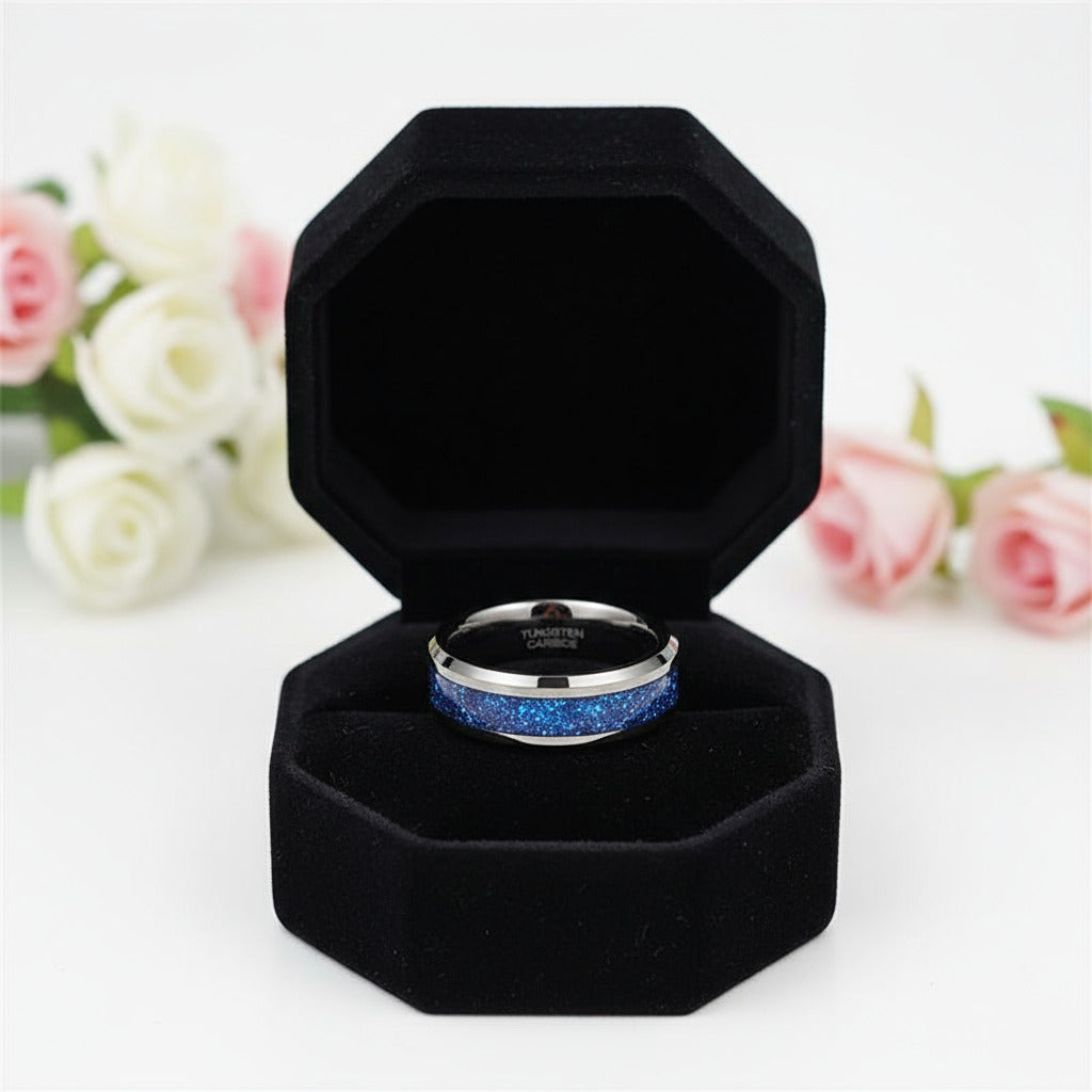 Beveled 8mm Tungsten Men's Wedding Band-Black Diamonds New York