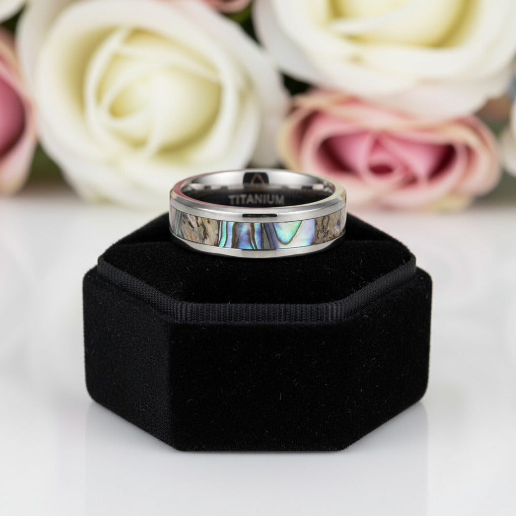 Beveled Abalone Shell Men's Titanium Wedding Band-Black Diamonds New York