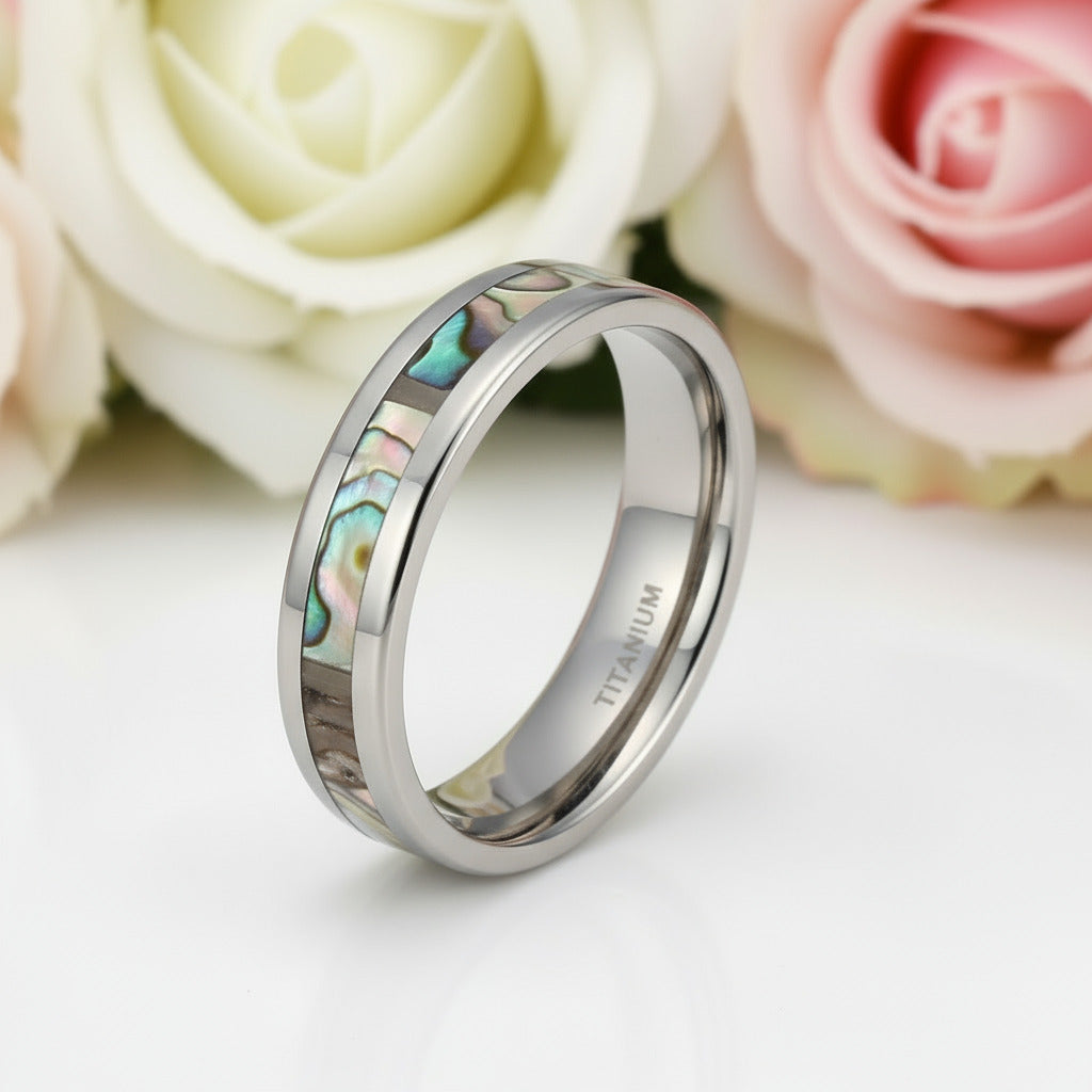 Beveled Abalone Shell Men's Titanium Wedding Band-Black Diamonds New York