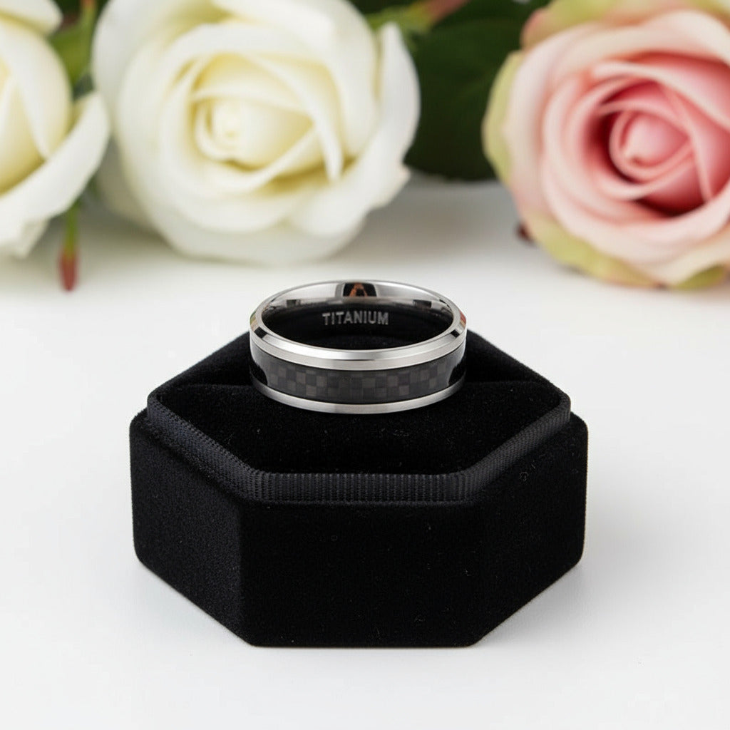 Beveled Black Carbon Titanium Men's Wedding Band-Black Diamonds New York