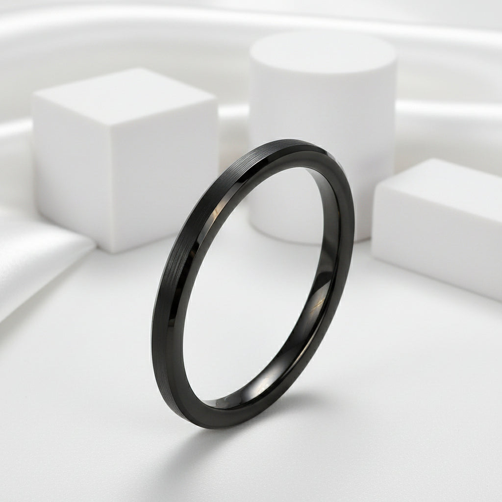 Beveled Edges & Brushed 2mm Tungsten Wedding Band-Black Diamonds New York