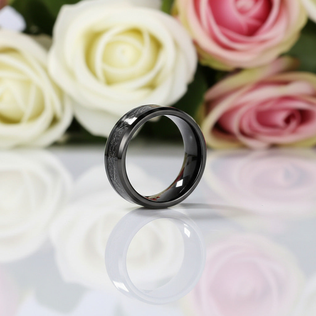 Beveled Tungsten Wedding Band with Silk Inlay-Black Diamonds New York