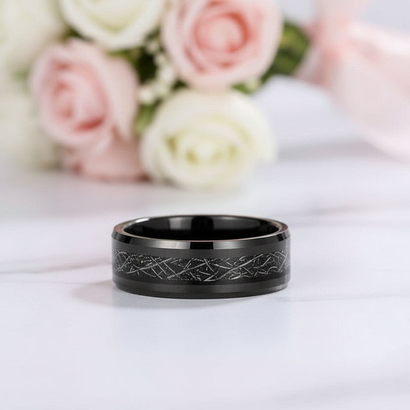 Beveled Tungsten Wedding Band with Silk Inlay-Black Diamonds New York