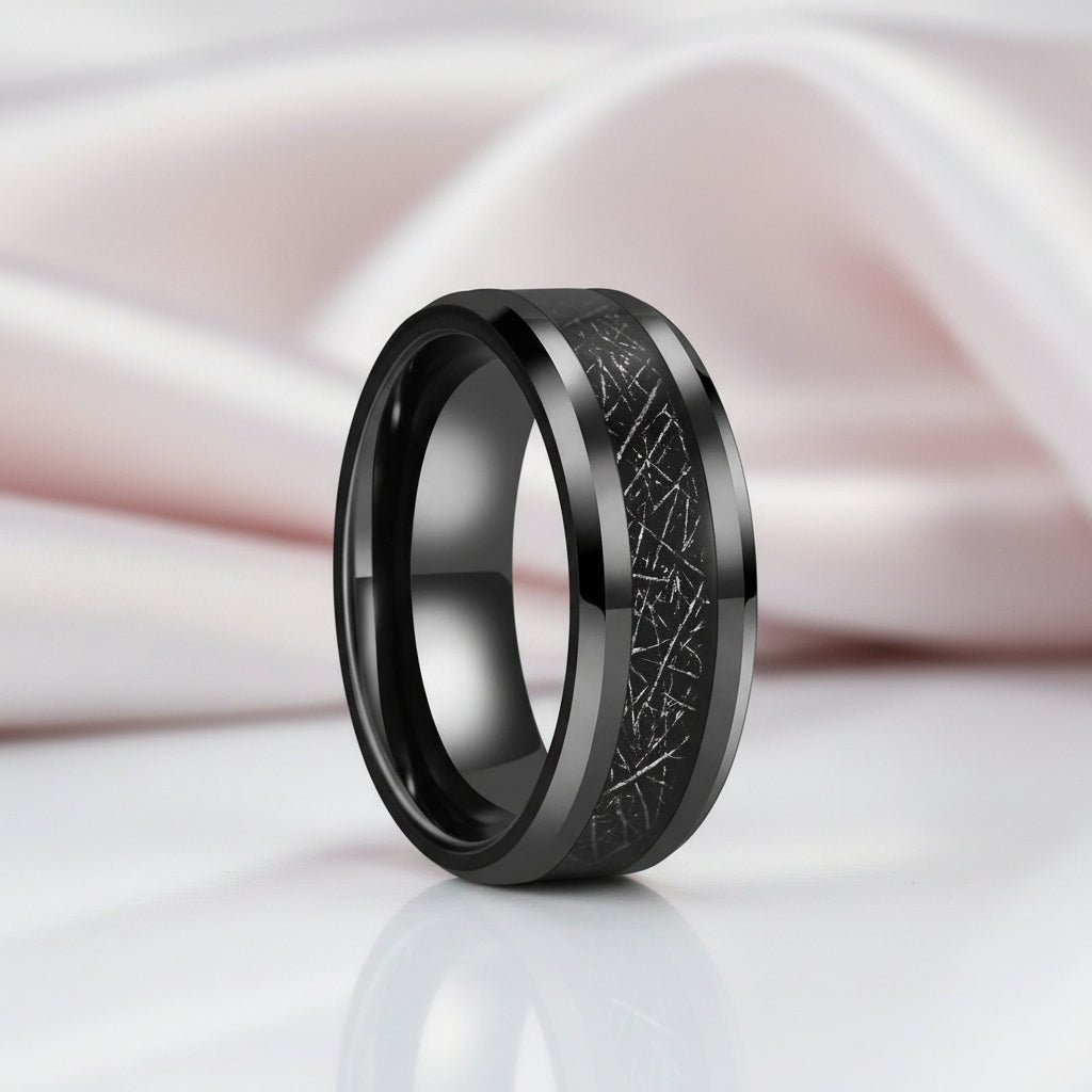 Beveled Tungsten Wedding Band with Silk Inlay-Black Diamonds New York