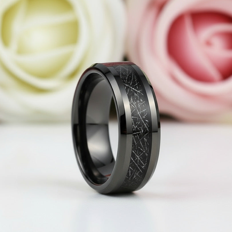 Beveled Tungsten Wedding Band with Silk Inlay-Black Diamonds New York