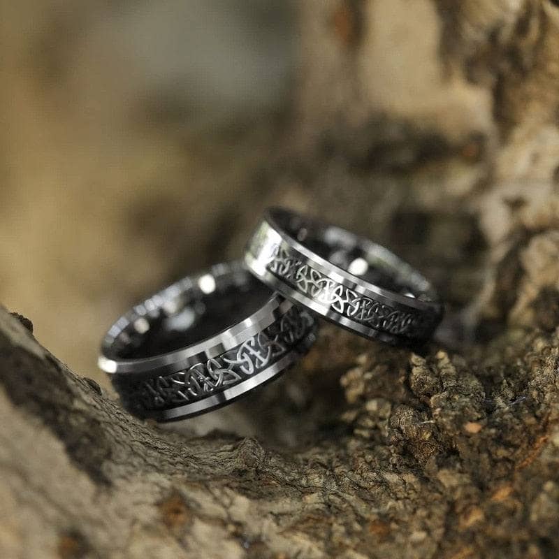 Beveled Tungsten with Celtic Knot Men's Wedding Band-Black Diamonds New York