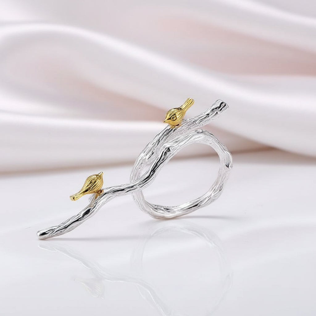 Bird on Branch Adjustable Ring-Black Diamonds New York