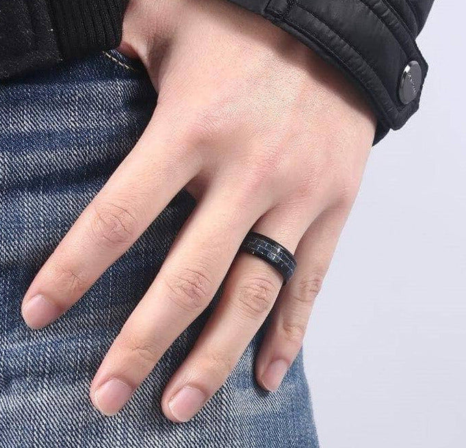 Black and Blue Carbon Pattern Ring Band-Black Diamonds New York
